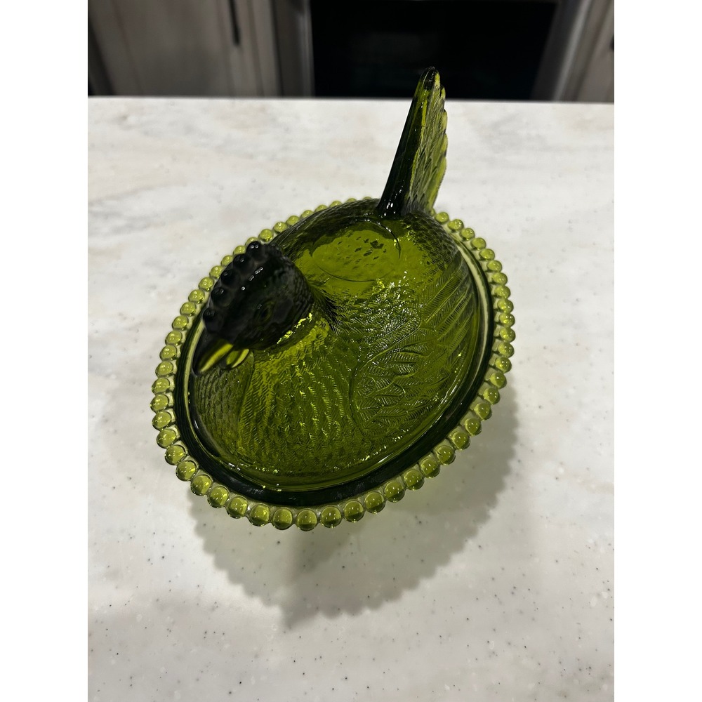 Wow! Vintage Green Glass Hen on Nest Lidded Candy Dish Beaded Rim 7" Inch